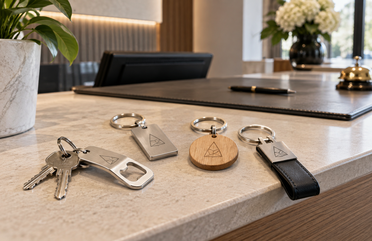 Quattro portachiavi aziendali in metallo, legno e pelle con logo geometrico inciso su un banco reception