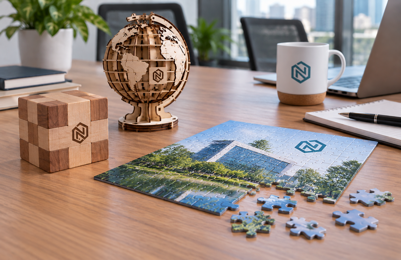 Puzzle aziendale personalizzato e rompicapo in legno su tavolo da ufficio
