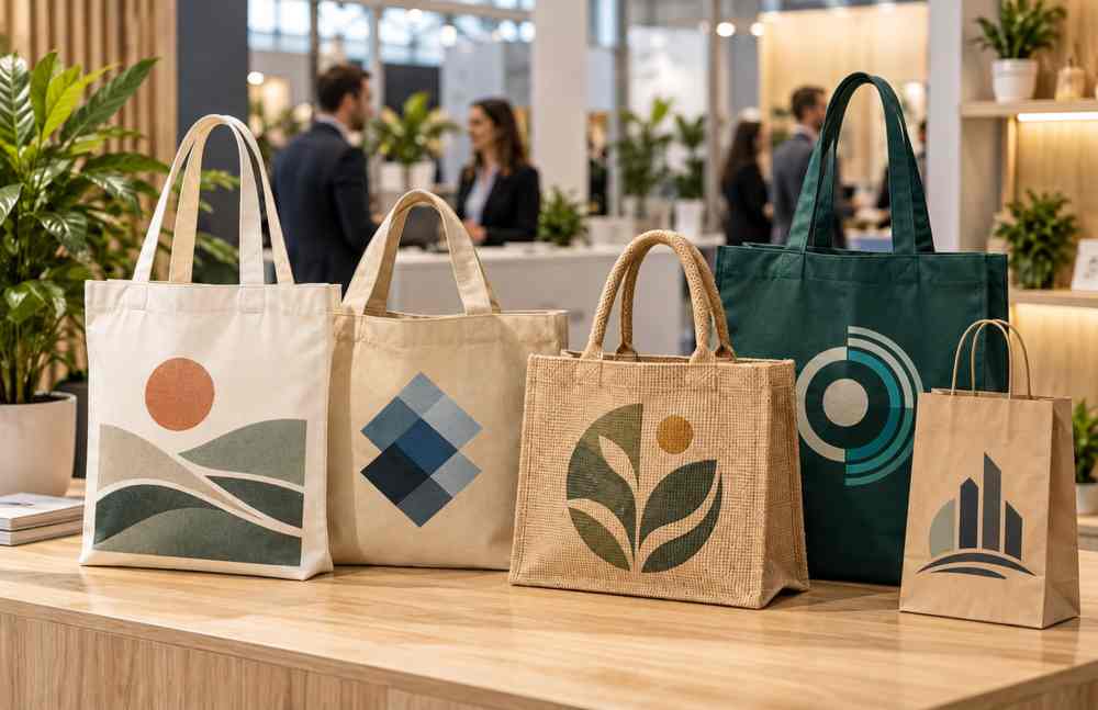 Cinque shopper in tessuto, juta e carta con loghi e grafiche aziendali differenti su uno stand fieristico