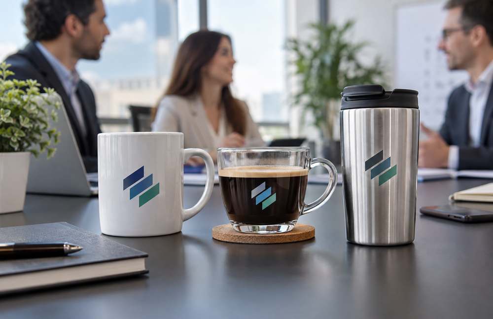 Tazze e mug personalizzati con logo aziendale su tavolo riunioni