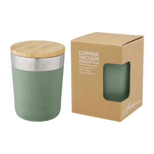 LAGAN - Bicchiere termico in acciaio inossidabile con isolamento sottovuoto in rame e coperchio in bambù da 330 ml 