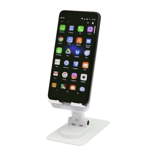 ALHENA - Supporto per telefono pieghevole in plastica riciclata con supporto da tavolo in metallo 