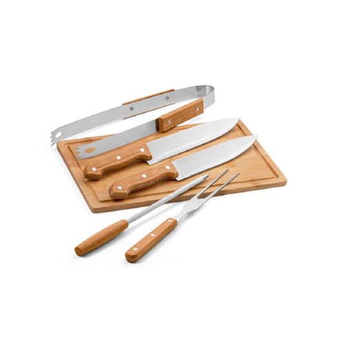 FLARE - Set per barbecue composto da tagliere in bambù e 5 utensili in legno e acciaio inox