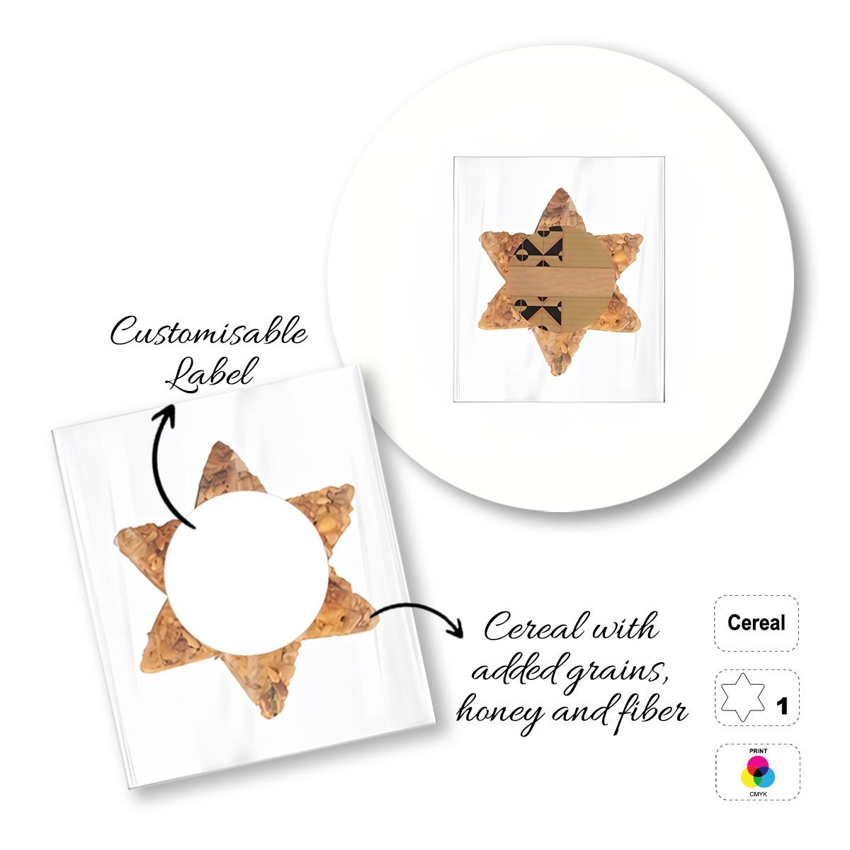 CEREAL4MAT - barretta ai cereali, diverse forme, 70x67 mm (etichetta diametro 40mm) | GL811103H