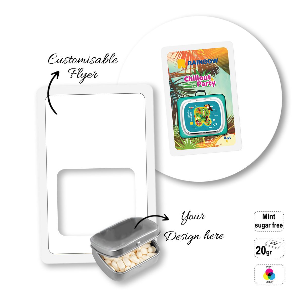 SUGARFREE MINT CARD - scatola di mentine senza zucchero con flyer, 154x102x18 mm | GL810604B