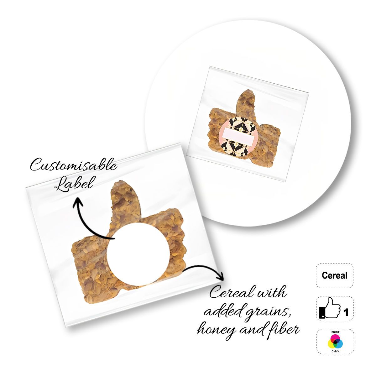 CEREAL4MAT - barretta ai cereali, diverse forme, 77x72 mm (etichetta diametro 40mm) | GL811103A