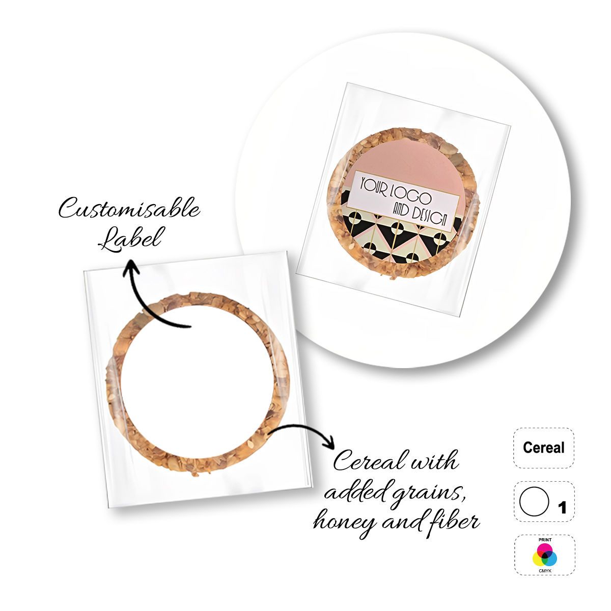 CEREAL4MAT - barretta ai cereali, diverse forme, 65x65 mm (etichetta diametro 50mm) | GL811103C