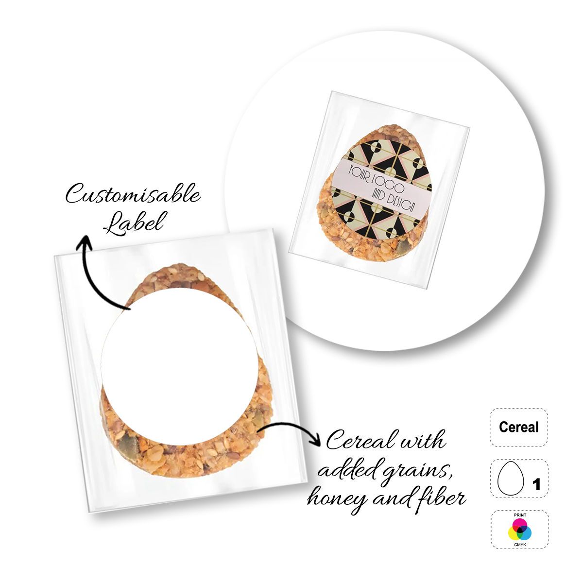 CEREAL4MAT - barretta ai cereali, diverse forme, 55x70 mm (etichetta diametro 40mm) | GL811103D