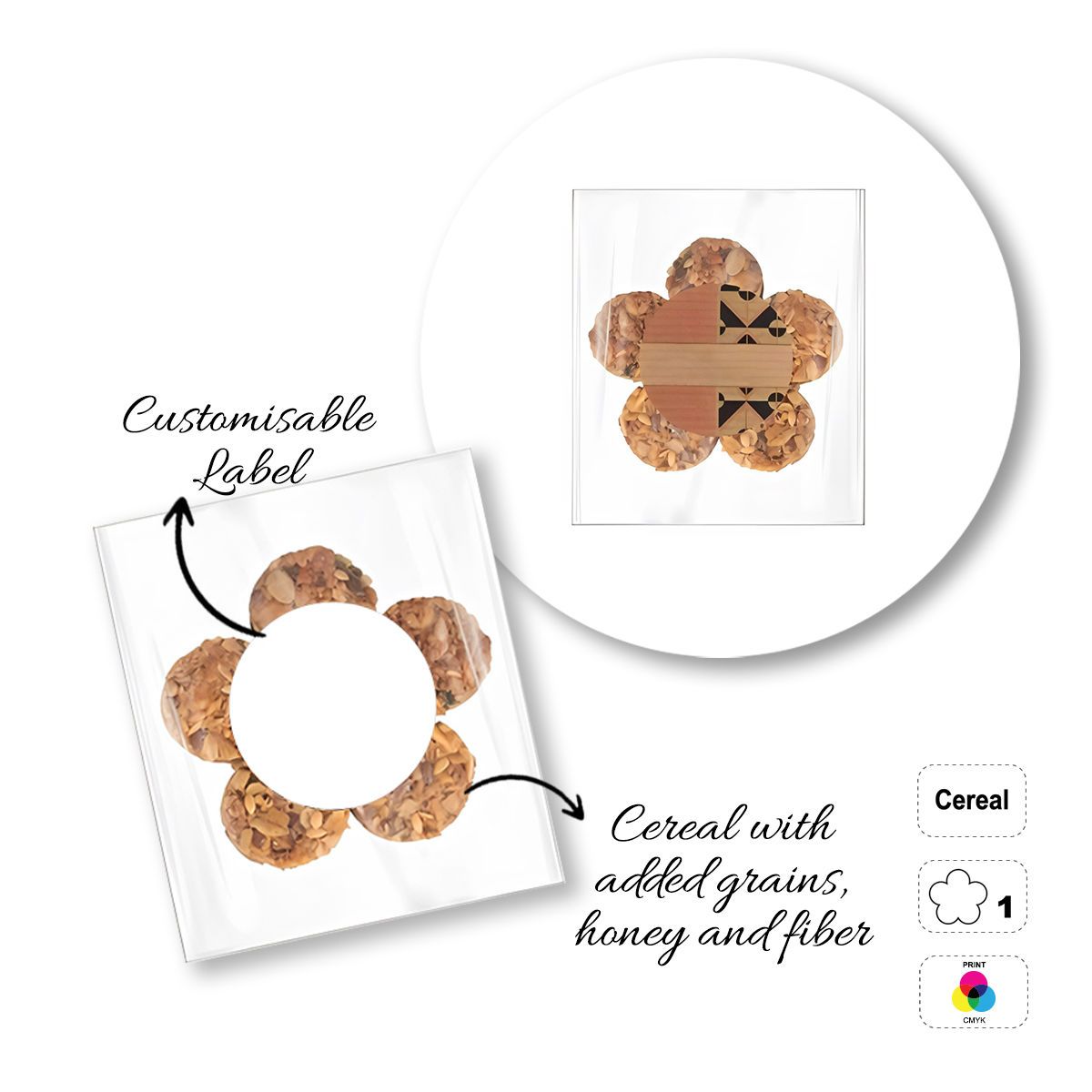 CEREAL4MAT - barretta ai cereali, diverse forme, 64x64 mm (etichetta diametro 40mm) | GL811103E