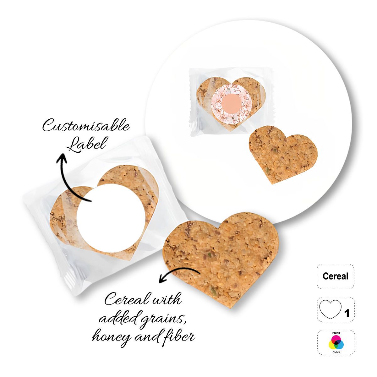 CEREAL4MAT - barretta ai cereali, diverse forme, 80x60 mm (etichetta diametro 40mm) | GL811103F