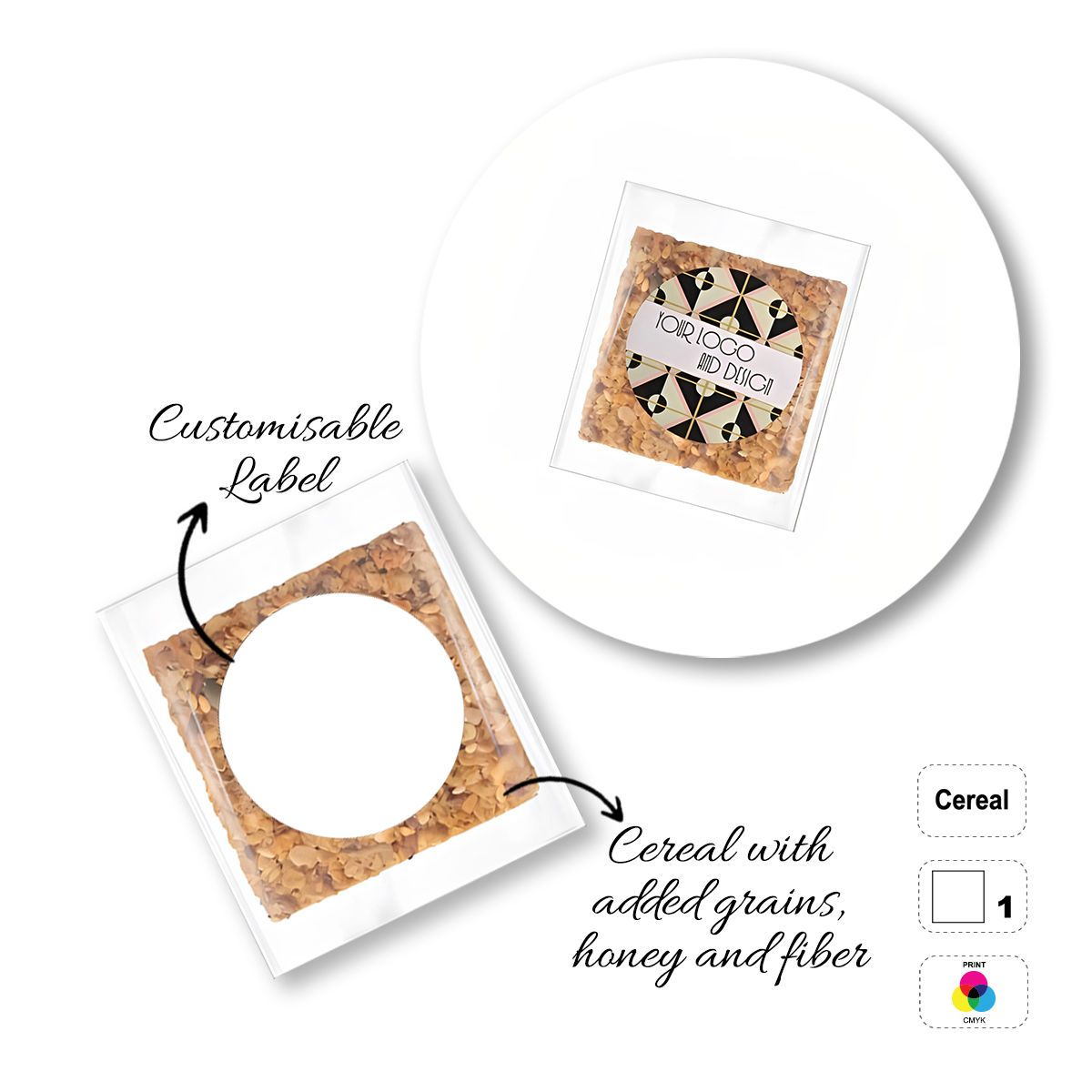 CEREAL4MAT - barretta ai cereali, diverse forme, 65x65 mm (etichetta diametro 50mm) | GL811103G