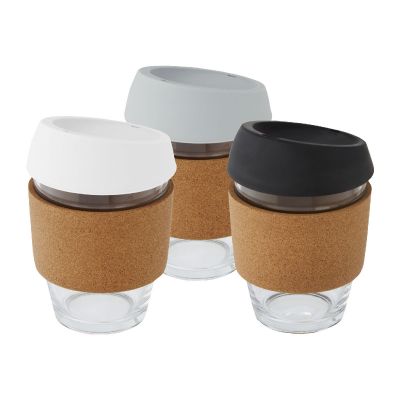 LIDAN - Bicchiere da 360 ml in vetro borosilicato con impugnatura in sughero e coperchio in silicone 
