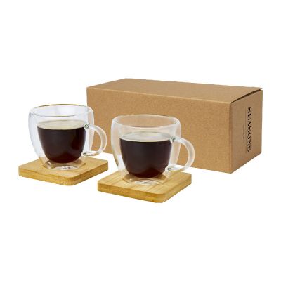 MANTI - Set di 2 tazze in vetro a doppia parete da 100 ml con sottobicchiere in bambù