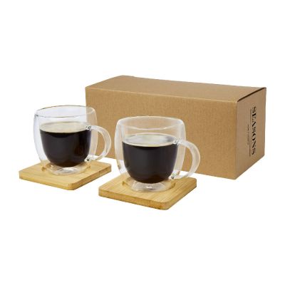 MANTI - Set di 2 tazze in vetro a doppia parete da 250 ml con sottobicchiere in bambù