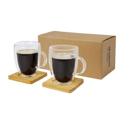 MANTI - Set di 2 tazze in vetro a doppia parete da 350 ml con sottobicchiere in bambù