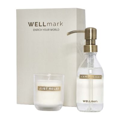 DISCOVERY - Set di dispenser di sapone per le mani da 250 ml e candela profumata da 150 g Wellmark