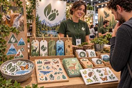 Adesivi e etichette personalizzate a tema natura esposti in uno stand fieristico