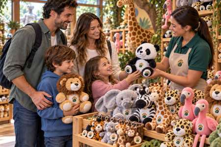 Peluche personalizzati in un negozio di zoo con una famiglia
