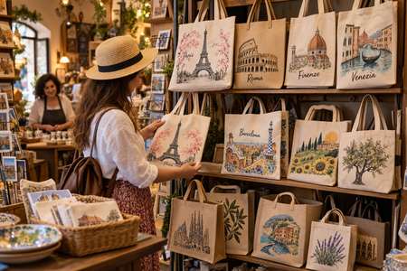 Borse shopper personalizzate esposte in un negozio di souvenir