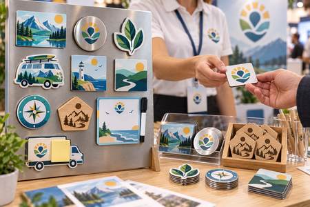 Calamite personalizzate con grafiche coordinate distribuite ai visitatori di uno stand fieristico