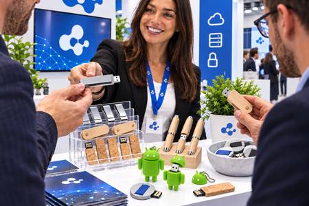 Chiavette USB personalizzate distribuite a uno stand fieristico