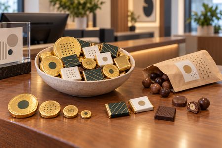Cioccolatini personalizzati in diversi formati su un bancone reception