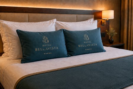 Cuscini personalizzati Hotel Bellavista su un letto d'hotel