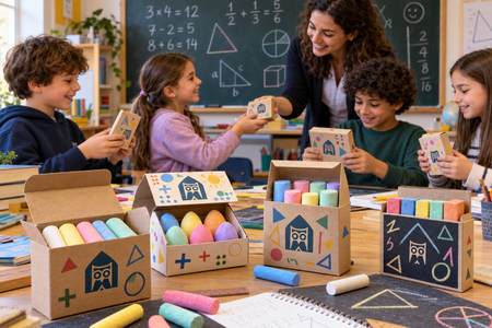 Gessetti personalizzati distribuiti ai bambini durante un corso di matematica del doposcuola.