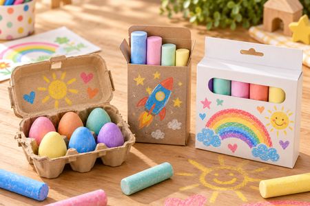 Confezioni di gessetti personalizzati con gessi colorati e uova di gesso su un tavolo.