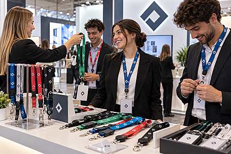 Laccetti lanyard personalizzati distribuiti a uno staff in fiera