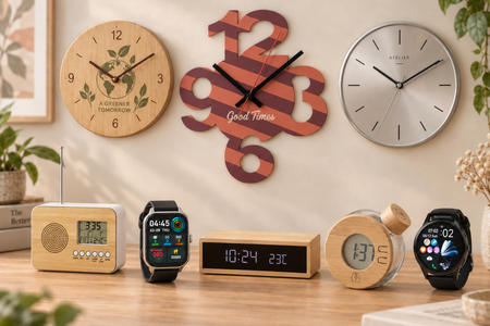 Orologi personalizzati di vari modelli e materiali su tavolo e parete