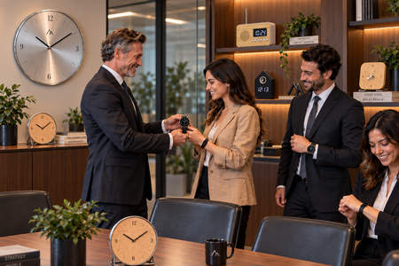 Orologi personalizzati in un ufficio moderno con modelli regalo ai dipendenti