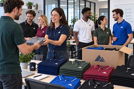 Dipendenti in azienda durante la distribuzione di polo personalizzate