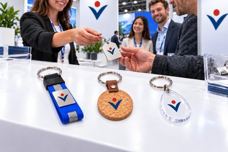 Portachiavi personalizzati aziendali distribuiti durante una fiera