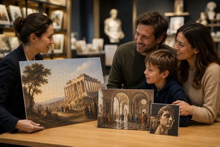 Famiglia al museo con puzzle personalizzati di quadri e monumenti