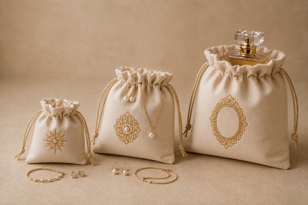 Sacchetti regalo personalizzati in cotone con gioielli e profumo