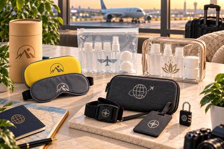 Set da viaggio personalizzati con beauty case, flaconi, mascherina e accessori per bagagli.