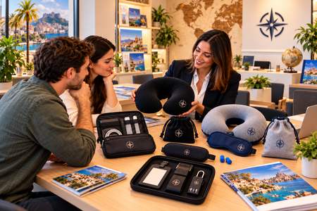 Consulente mostra set da viaggio personalizzati a una coppia in agenzia di viaggi.