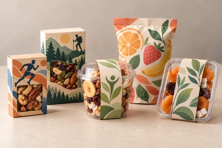 Snack personalizzati assortiti con grafiche dedicate a sport, tempo libero, salute, natura e cibo