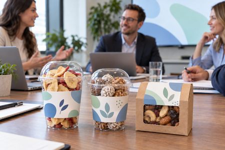 Tre snack personalizzati sul tavolo durante una riunione aziendale