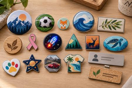 Spille personalizzate e badge in vari modelli, forme e colori con grafiche di sport, natura, mare, montagna e spazio