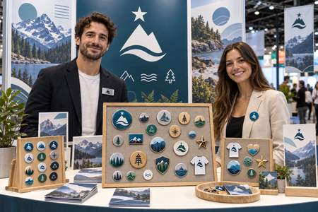 Stand fieristico con due espositori che indossano badge aziendali e presentano spille personalizzate di vari formati