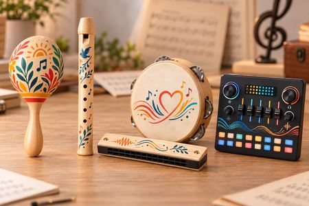 Strumenti musicali personalizzati: maraca, flauto, armonica, tamburello e mixer