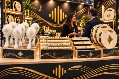 Strumenti musicali personalizzati in uno stand fieristico con addetta e cliente