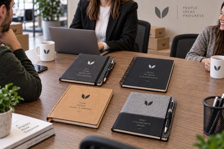 Taccuini e quaderni personalizzati su una scrivania in ufficio
