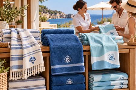 Una dipendente di un resort sul mare mostra agli ospiti tre modelli di teli mare personalizzati.