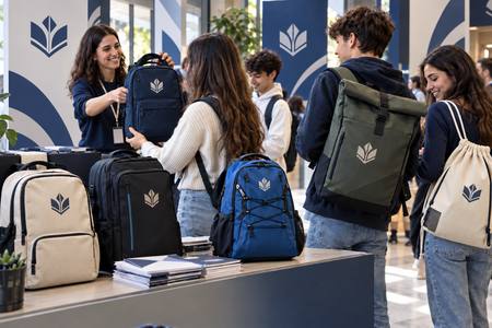 Zaini personalizzati distribuiti durante un open day universitario